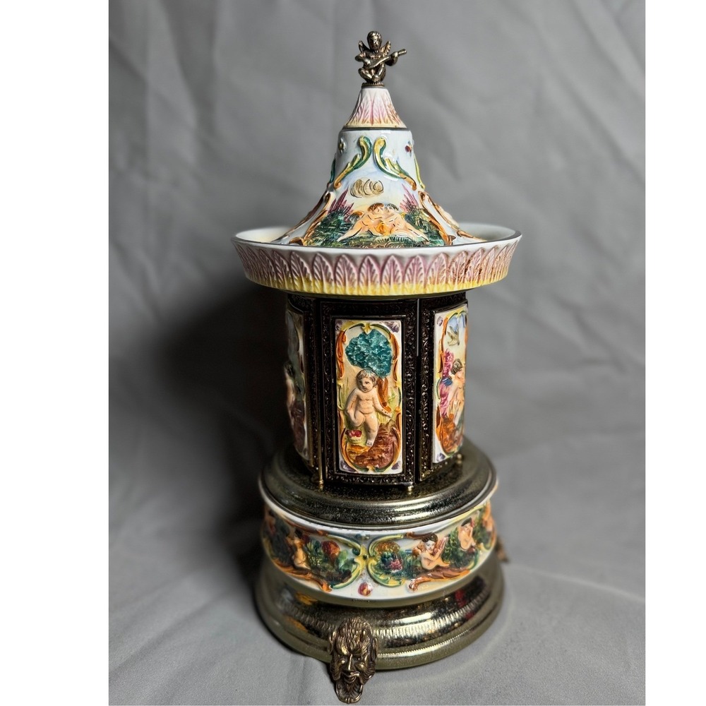 Vtg Reuge Musical carousel lipstick cigarette holder Capodimonte Style Cherub